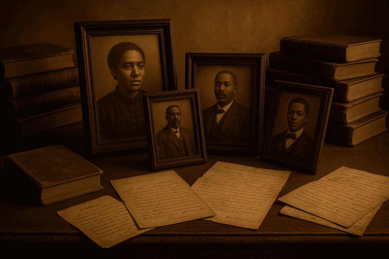 Vintage desk with framed portraits, handwritten letters, and historical books